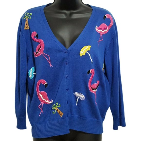 Jack B Quick Women's Cardigan Sweater Large Blue Flamingos Umbrellas Beaded - Picture 2 of 12